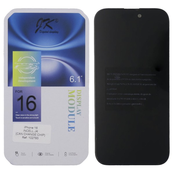 Pantalla iPhone 16 INCELL JK (IC removible) (LCD/display + digitalizador/táctil)