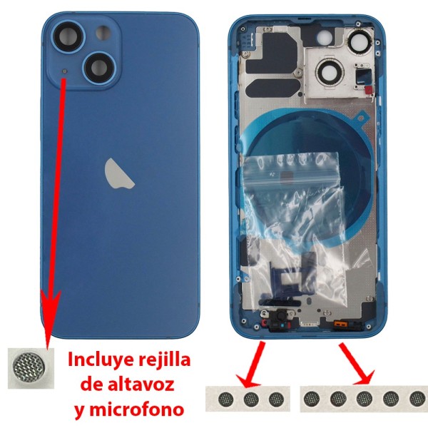 Chasis iPhone 13 MINI AZUL tapa trasera (Unibody, INCLUYE rejillas)