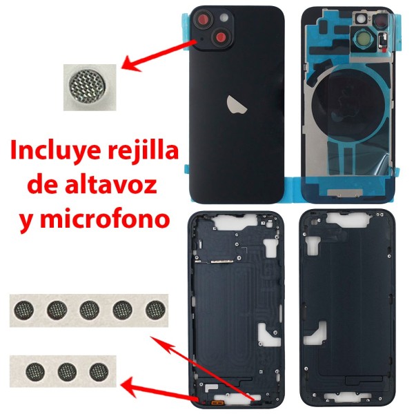 Chasis iPhone 14 NEGRO tapa trasera (Unibody, INCLUYE rejillas)