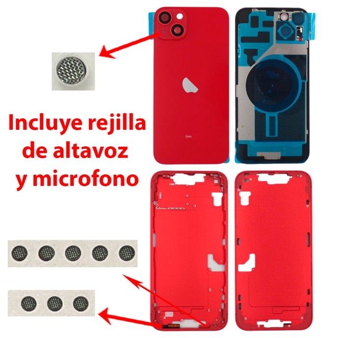 Chasis iPhone 14 PLUS ROJO tapa trasera (Unibody, INCLUYE rejillas)