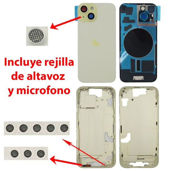 Chasis iPhone 15 AMARILLO tapa trasera (Unibody, INCLUYE rejillas)
