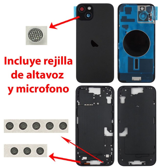 Chasis iPhone 15 PLUS NEGRO tapa trasera (Unibody, INCLUYE rejillas)