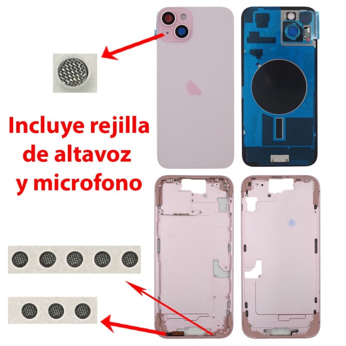 Chasis iPhone 15 PLUS ROSA tapa trasera (Unibody, INCLUYE rejillas)