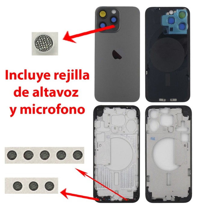 Chasis iPhone 15 PRO MAX NEGRO tapa trasera (Unibody, INCLUYE rejillas)