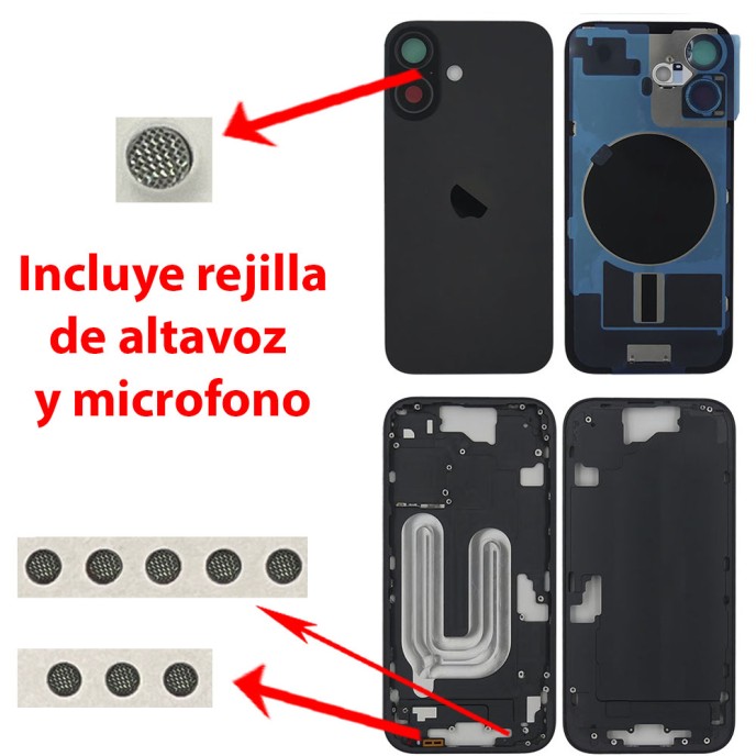 Chasis iPhone 16 NEGRO tapa trasera (Unibody, INCLUYE rejillas)