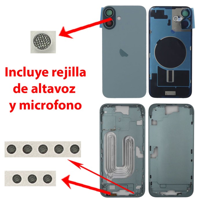 Chasis iPhone 16 PLUS VERDE AZULADO tapa trasera (Unibody, INCLUYE rejillas)
